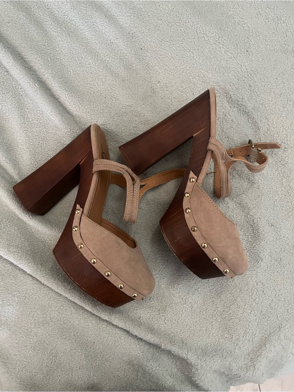 Bakers Taupe Suede Platform Sandals with Gold Studs
